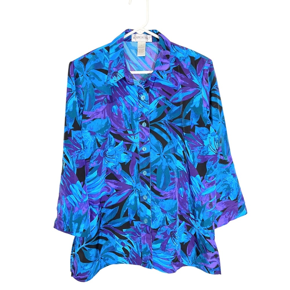 Brownstone Studio XL Blue Purple Floral Button Down Shirt Tropical Coastal Boho